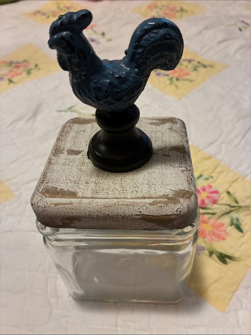 Distressed White Wooden Lid Glass Jar with Blue Rooster Knob
